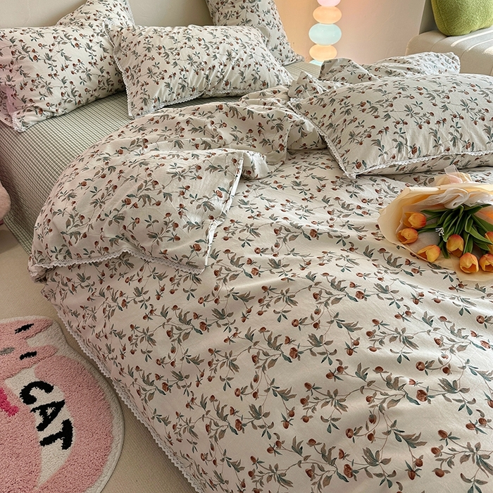 91家纺网 家纺一手货源 找家纺 千朵 2023新款全棉水洗带边四件套 栀香