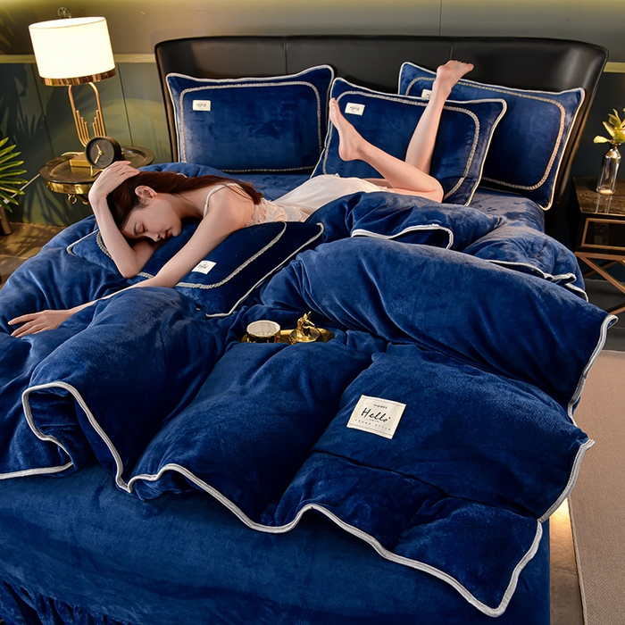 91家纺网 家纺一手货源 找家纺 畅畅家纺 2023新款纯色8.5斤9斤牛奶绒法莱绒宝宝金貂绒四件套 蓝色