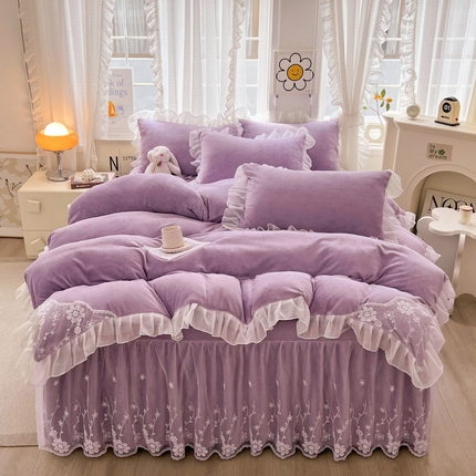 艾晶美 2023新款牛奶绒蕾丝花边床裙四件套 倾城花颜 优雅紫