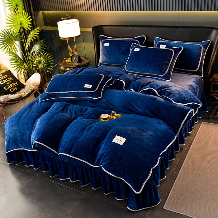 91家纺网 家纺一手货源 找家纺 畅畅家纺 2023新款纯色8.5斤9斤牛奶绒法莱绒宝宝金貂绒四件套 蓝色