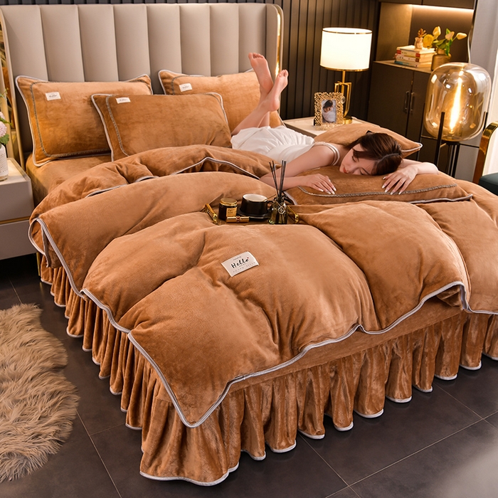 91家纺网 家纺一手货源 找家纺 畅畅家纺 2023新款纯色8.5斤9斤牛奶绒法莱绒宝宝金貂绒四件套 咖