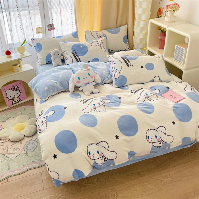 91家纺网 家纺一手货源 找家纺 博雅 2023新款三丽鸥正版授权卡通加厚牛奶绒系列四件套 波点玉桂狗