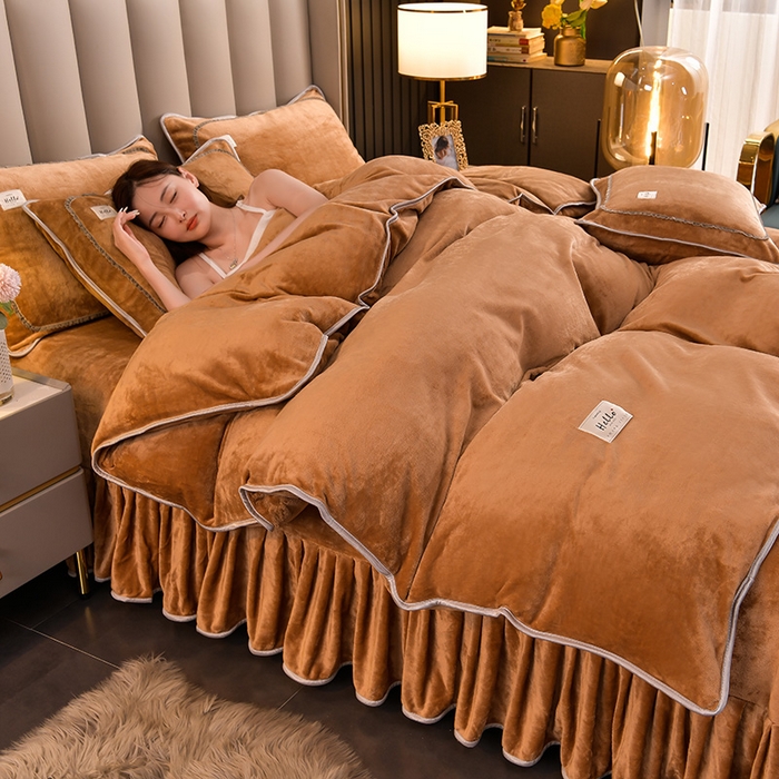 91家纺网 家纺一手货源 找家纺 畅畅家纺 2023新款纯色8.5斤9斤牛奶绒法莱绒宝宝金貂绒四件套 咖