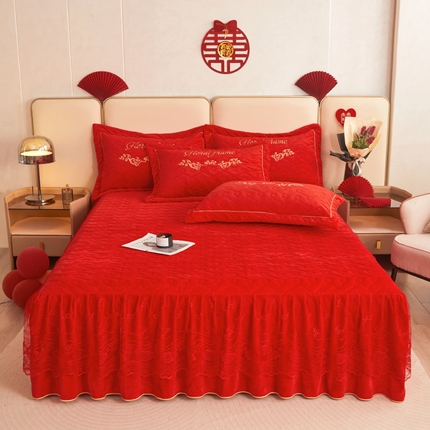 宜凡家纺 2023秋冬新品婴儿绒婚庆床裙三件套 一生一世
