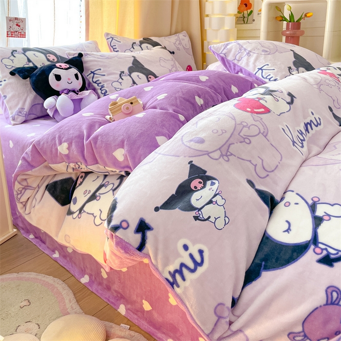 91家纺网 家纺一手货源 找家纺 博雅 2023新款三丽鸥正版授权卡通加厚牛奶绒系列四件套 开心库洛米