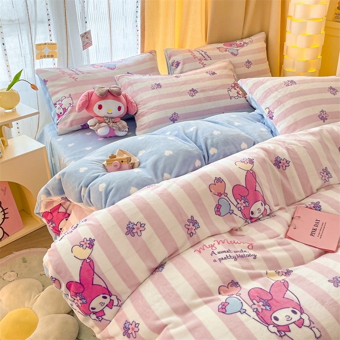 91家纺网 家纺一手货源 找家纺 博雅 2023新款三丽鸥正版授权卡通加厚牛奶绒系列四件套 气球美乐蒂