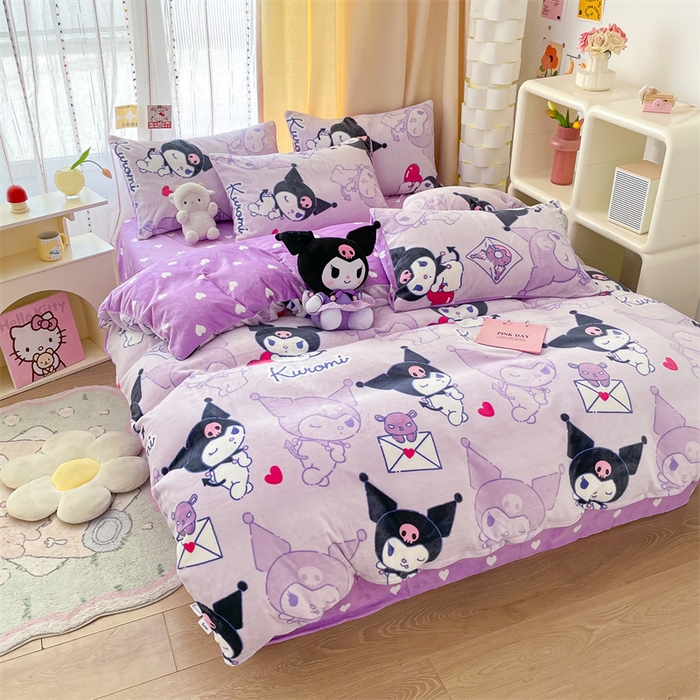 91家纺网 家纺一手货源 找家纺 博雅 2023新款三丽鸥正版授权卡通加厚牛奶绒系列四件套 开心库洛米