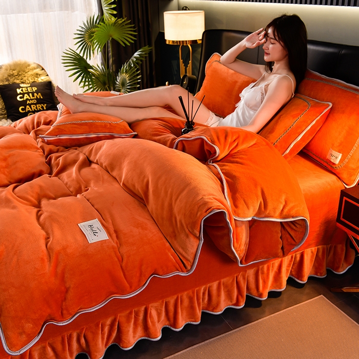 91家纺网 家纺一手货源 找家纺 畅畅家纺 2023新款纯色8.5斤9斤牛奶绒法莱绒宝宝金貂绒四件套 桔色