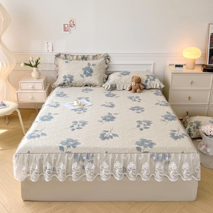 宜凡家纺 2023款全棉花边裙摆款床笠三件套 微蓝