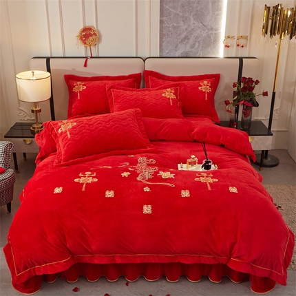 宜凡家纺 2023秋冬新品婴儿绒婚庆床盖四件套 浪漫喜事