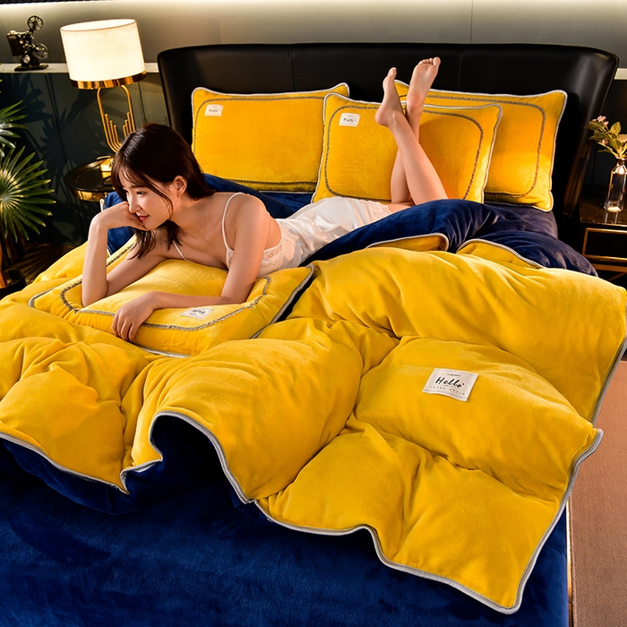 91家纺网 家纺一手货源 找家纺 畅畅家纺 2023新款纯色8.5斤9斤牛奶绒法莱绒宝宝金貂绒四件套 柠檬黄+深蓝