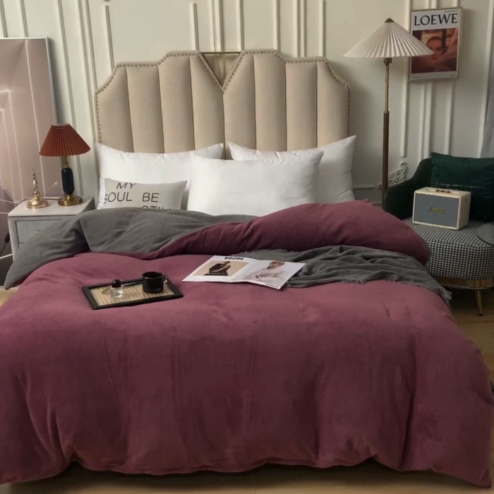 91家纺网 家纺一手货源 找家纺 甜之梦   2025牛奶绒纯色拼色单品四件套被套（可定制尺寸）紫豆沙+浅灰