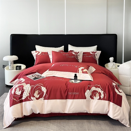 91家纺网 家纺一手货源 找家纺 凯磊家纺 新款高支.长绒棉刺绣四件套 芳华系列 芳华-红