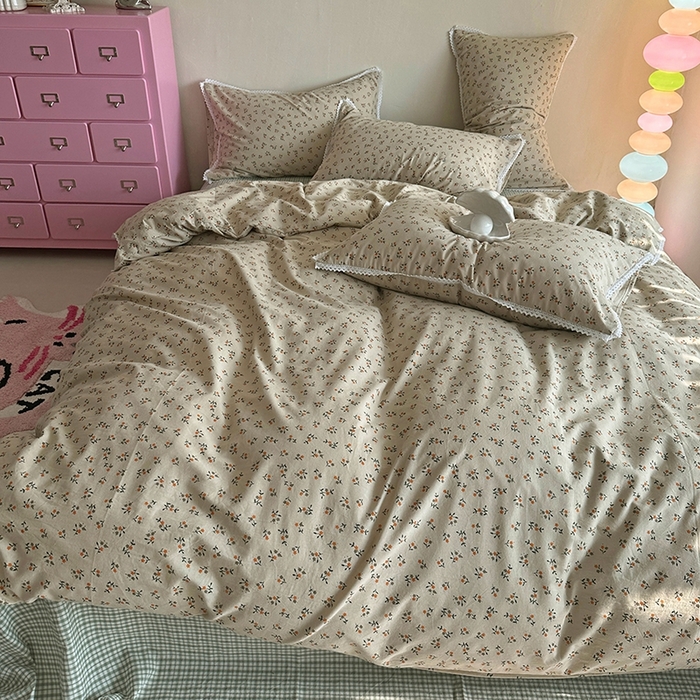 91家纺网 家纺一手货源 找家纺 千朵 2023新款全棉水洗带边四件套 小棕花