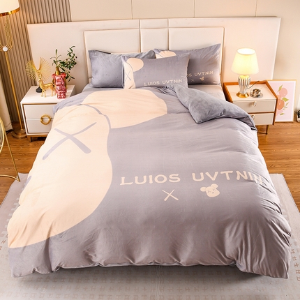 爵仕家纺 2023新款暴力熊牛奶绒系列四件套 半脸熊