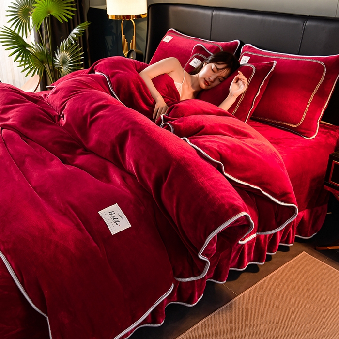 91家纺网 家纺一手货源 找家纺 畅畅家纺 2023新款纯色8.5斤9斤牛奶绒法莱绒宝宝金貂绒四件套 酒红