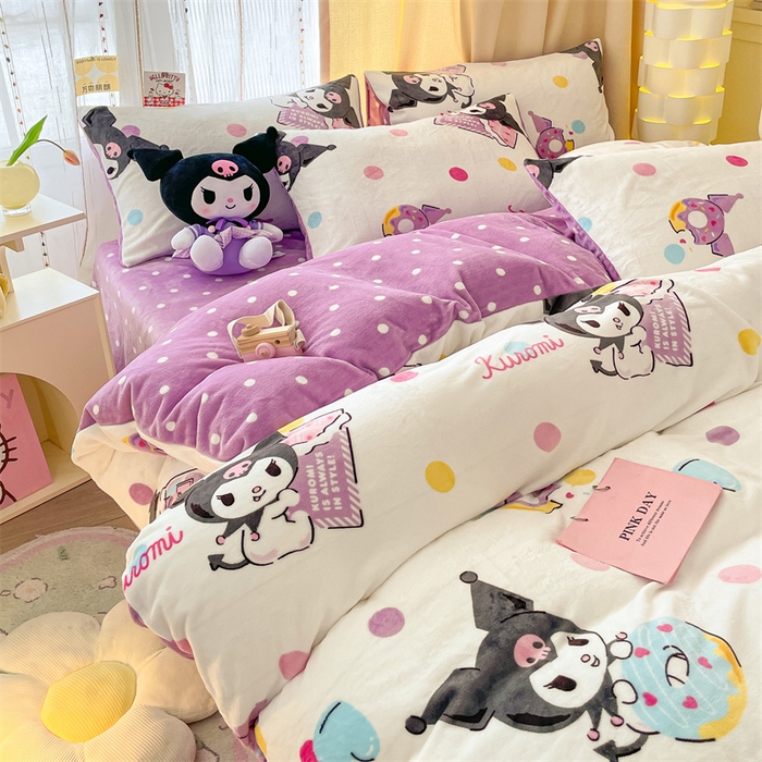 91家纺网 家纺一手货源 找家纺 博雅 2023新款三丽鸥正版授权卡通加厚牛奶绒系列四件套 甜圈库洛米