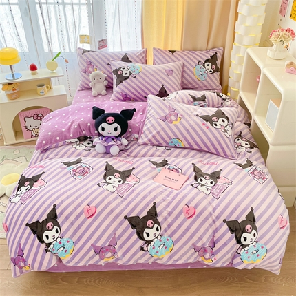 博雅 2023新款三丽鸥正版授权卡通加厚牛奶绒系列四件套 条纹库洛米