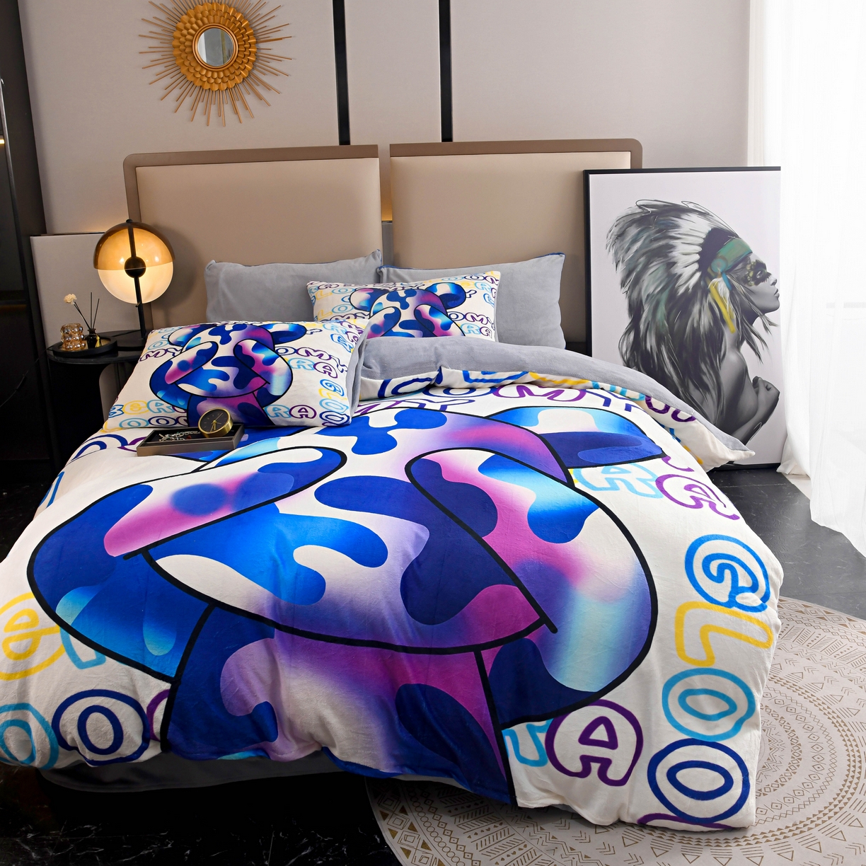 91家纺网 家纺一手货源 找家纺 爵仕家纺 2023新款暴力熊牛奶绒系列四件套 酷玩彩