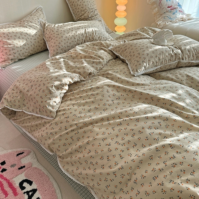 91家纺网 家纺一手货源 找家纺 千朵 2023新款全棉水洗带边四件套 小棕花