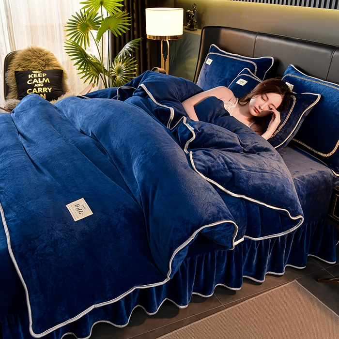 91家纺网 家纺一手货源 找家纺 畅畅家纺 2023新款纯色8.5斤9斤牛奶绒法莱绒宝宝金貂绒四件套 蓝色