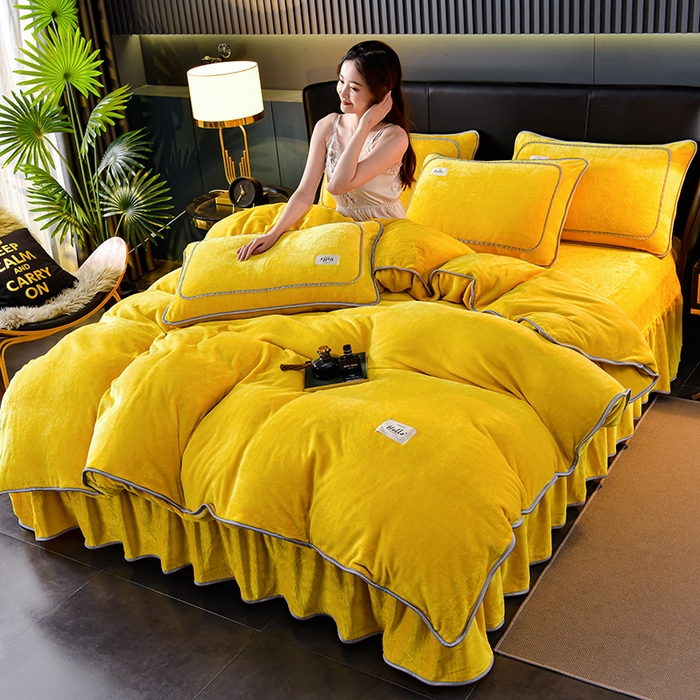 91家纺网 家纺一手货源 找家纺 畅畅家纺 2023新款纯色8.5斤9斤牛奶绒法莱绒宝宝金貂绒四件套 黄色