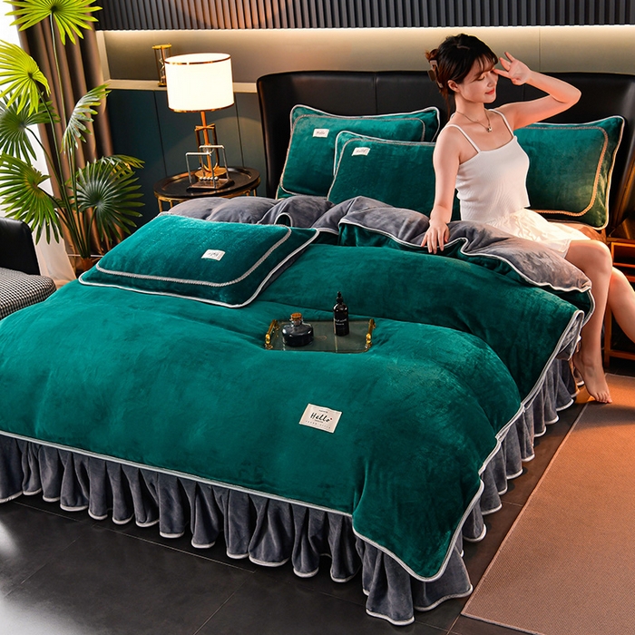 91家纺网 家纺一手货源 找家纺 畅畅家纺 2023新款纯色8.5斤9斤牛奶绒法莱绒宝宝金貂绒四件套 绿+灰