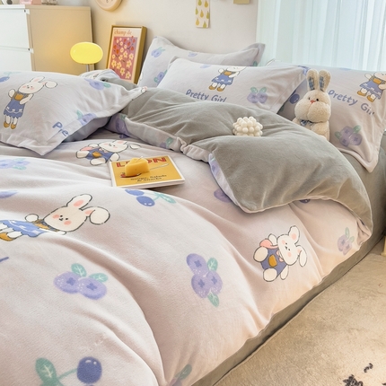 全季家居2023新款小清新A类高克重加厚印花牛奶绒四件套 欢乐兔
