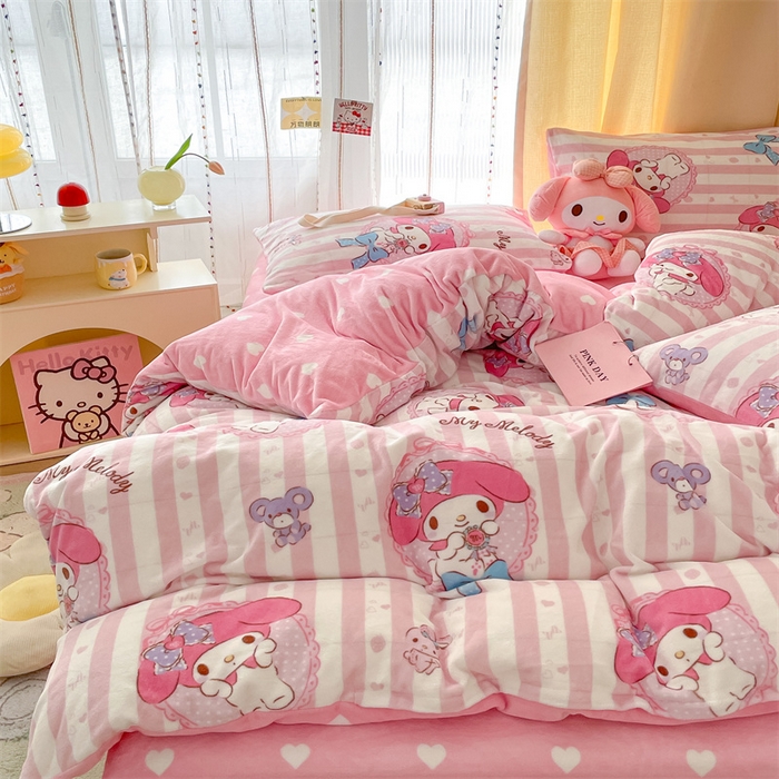 91家纺网 家纺一手货源 找家纺 博雅 2023新款三丽鸥正版授权卡通加厚牛奶绒系列四件套 甜甜美乐蒂