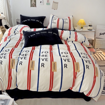 91家纺网 家纺一手货源 找家纺 山茶家纺 2023新款高克重牛奶绒印花四件套 条纹 红