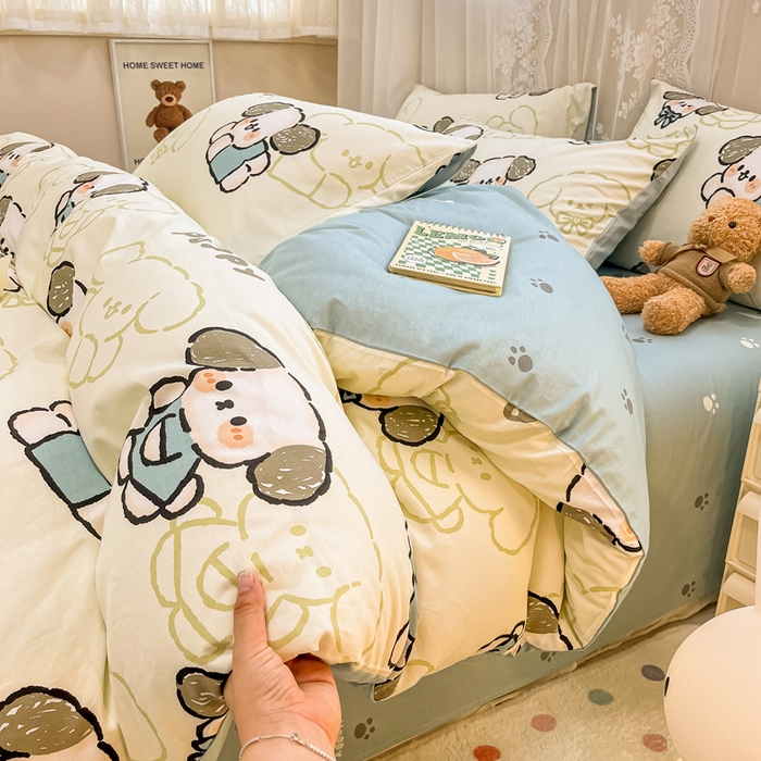 91家纺网 家纺一手货源 找家纺 小懒猪 2024春夏新款全棉卡通印花四件套 班尼狗