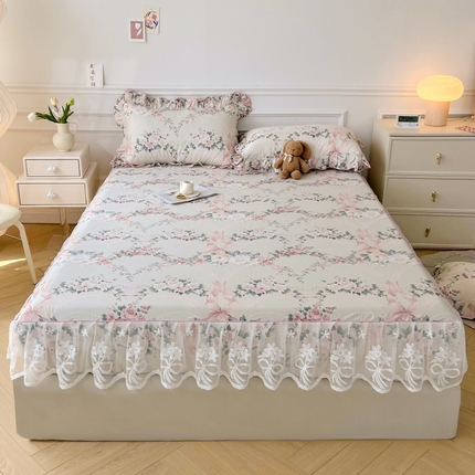 91家纺网 家纺一手货源 找家纺 宜凡家纺 2023款全棉花边裙摆款床笠三件套 海瑟薇露