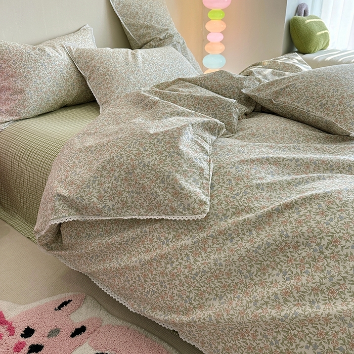 91家纺网 家纺一手货源 找家纺 千朵 2023新款全棉水洗带边四件套 小酒窝