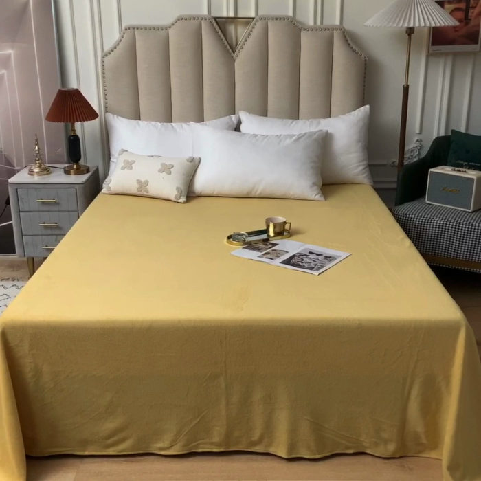 91家纺网 家纺一手货源 找家纺 甜之梦2025牛奶绒纯色拼色单品四件套床单（可定制尺寸）嫩黄