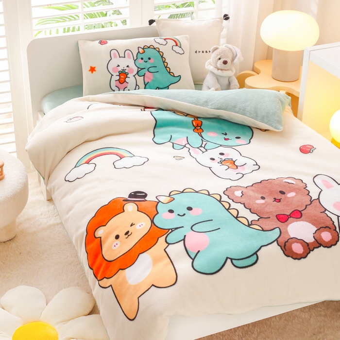 91家纺网 家纺一手货源 找家纺 鱼宝 2023新款大版牛奶绒婴童套件 动物之家