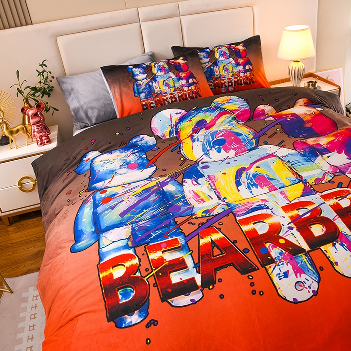 91家纺网 家纺一手货源 找家纺 爵仕家纺 2023新款暴力熊牛奶绒系列四件套 潮熊