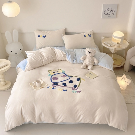 玛奇朵 2023新款秋冬牛奶绒多巴胺彩色线条毛巾绣四件套 憨憨牛