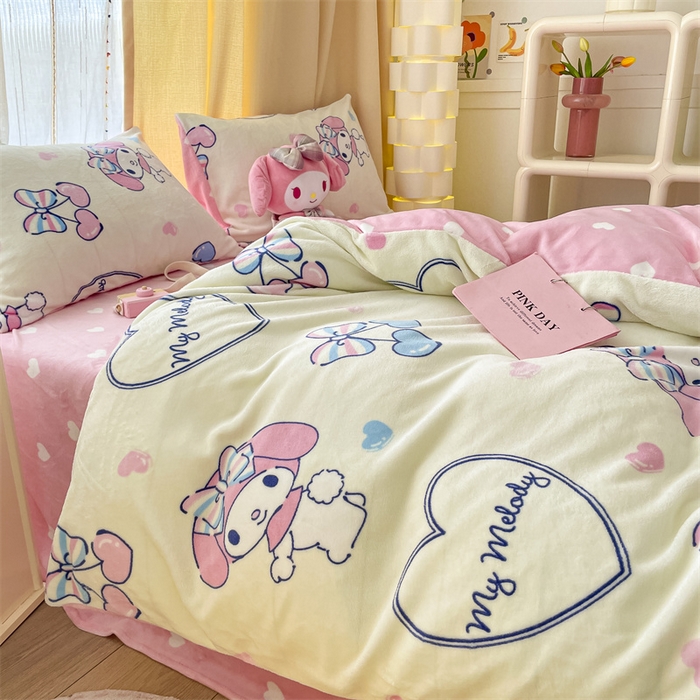 91家纺网 家纺一手货源 找家纺 博雅 2023新款三丽鸥正版授权卡通加厚牛奶绒系列四件套 樱桃美乐蒂