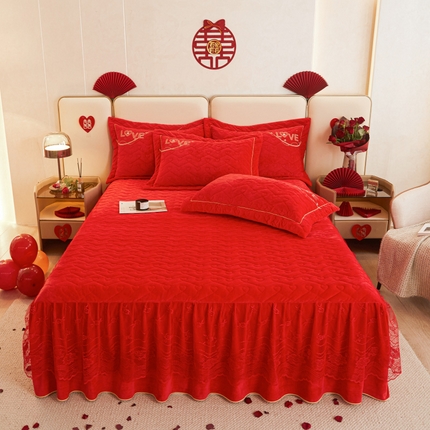 宜凡家纺 2023秋冬新品婴儿绒婚庆床裙三件套 爱意满满