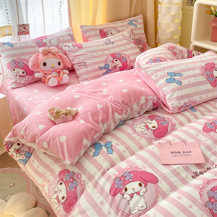 91家纺网 家纺一手货源 找家纺 博雅 2023新款三丽鸥正版授权卡通加厚牛奶绒系列四件套 甜甜美乐蒂