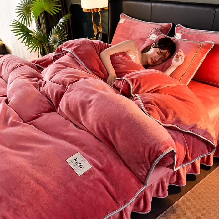 91家纺网 家纺一手货源 找家纺 畅畅家纺 2023新款纯色8.5斤9斤牛奶绒法莱绒宝宝金貂绒四件套 豆沙