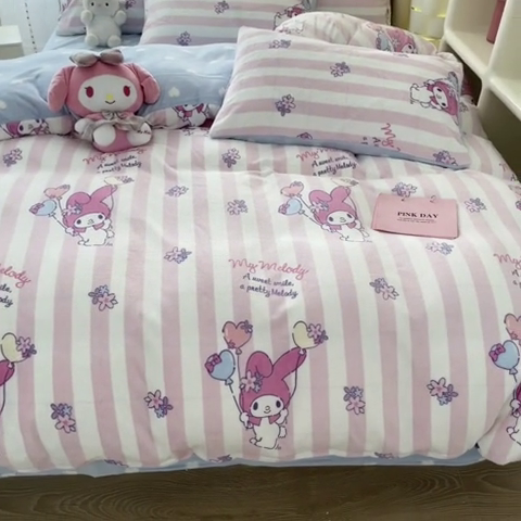 91家纺网 家纺一手货源 找家纺 博雅 2023新款三丽鸥正版授权卡通加厚牛奶绒系列四件套 气球美乐蒂