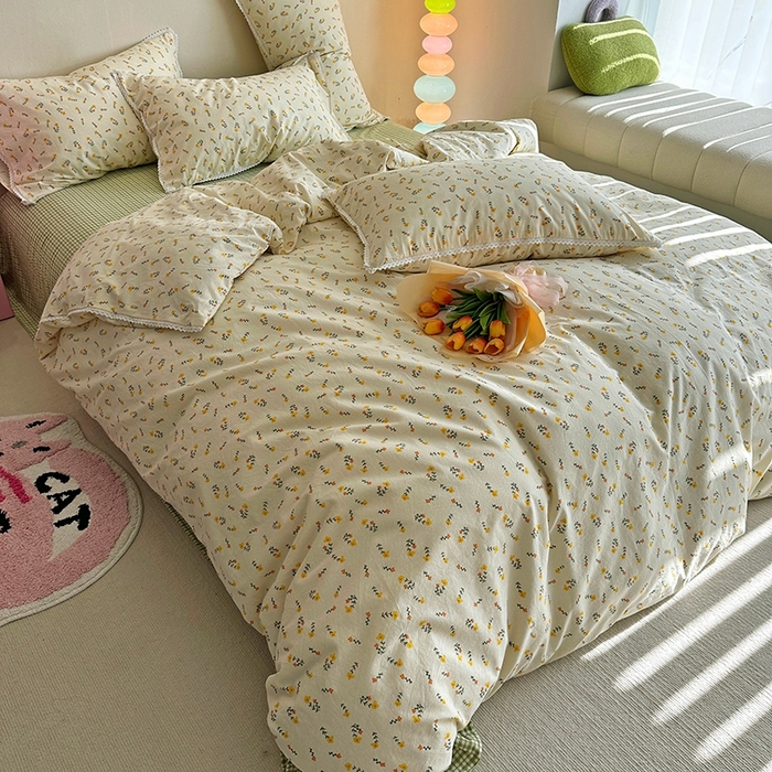 91家纺网 家纺一手货源 找家纺 千朵 2023新款全棉水洗带边四件套 小芳草