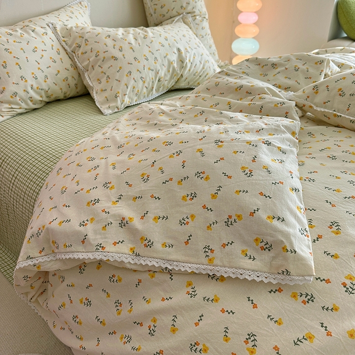 91家纺网 家纺一手货源 找家纺 千朵 2023新款全棉水洗带边四件套 小芳草