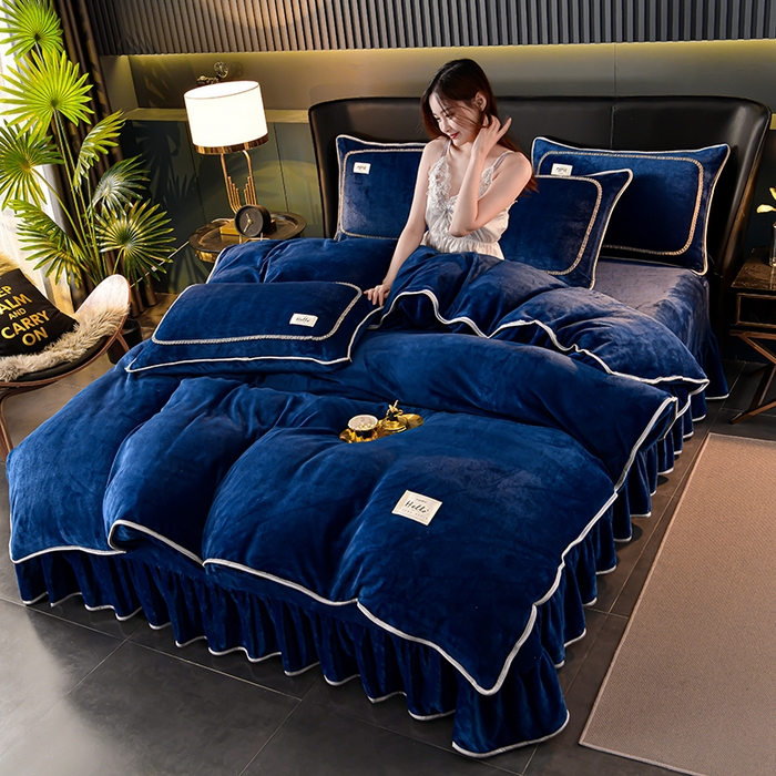 91家纺网 家纺一手货源 找家纺 畅畅家纺 2023新款纯色8.5斤9斤牛奶绒法莱绒宝宝金貂绒四件套 蓝色