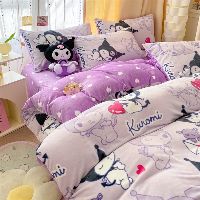 91家纺网 家纺一手货源 找家纺 博雅 2023新款三丽鸥正版授权卡通加厚牛奶绒系列四件套 开心库洛米