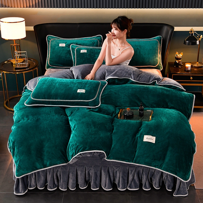 91家纺网 家纺一手货源 找家纺 畅畅家纺 2023新款纯色8.5斤9斤牛奶绒法莱绒宝宝金貂绒四件套 绿+灰