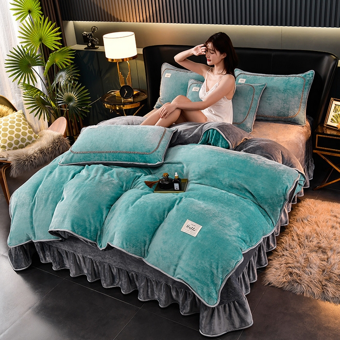 91家纺网 家纺一手货源 找家纺 畅畅家纺 2023新款纯色8.5斤9斤牛奶绒法莱绒宝宝金貂绒四件套 天蓝+浅灰