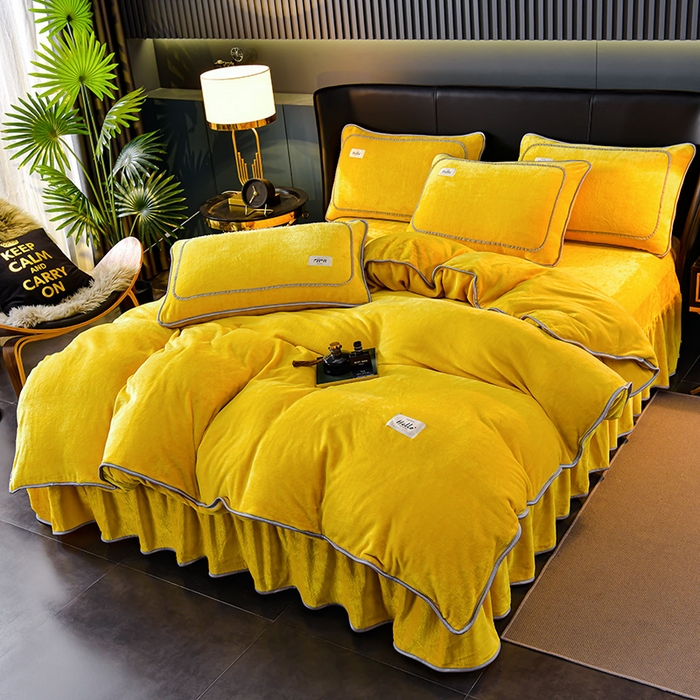 91家纺网 家纺一手货源 找家纺 畅畅家纺 2023新款纯色8.5斤9斤牛奶绒法莱绒宝宝金貂绒四件套 黄色