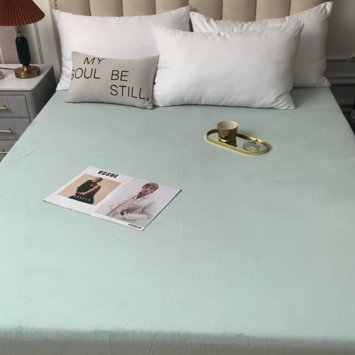 91家纺网 家纺一手货源 找家纺 甜之梦  2025牛奶绒纯色拼色单品四件套床笠（可定制尺寸）嫩绿